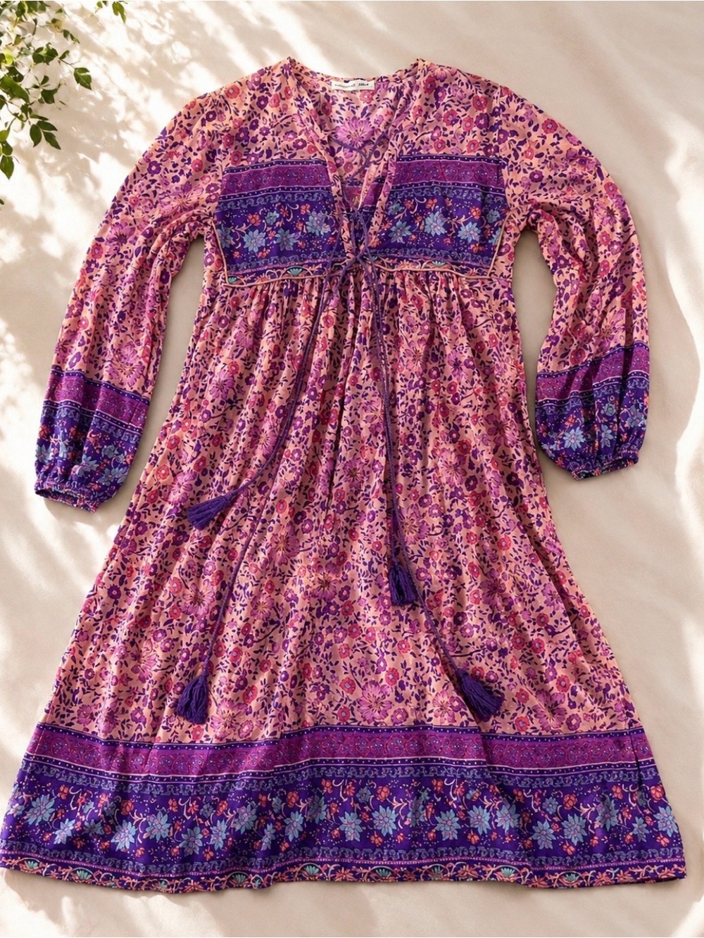 Boho Tassel-Detail Midi Dress in Pink and Purple